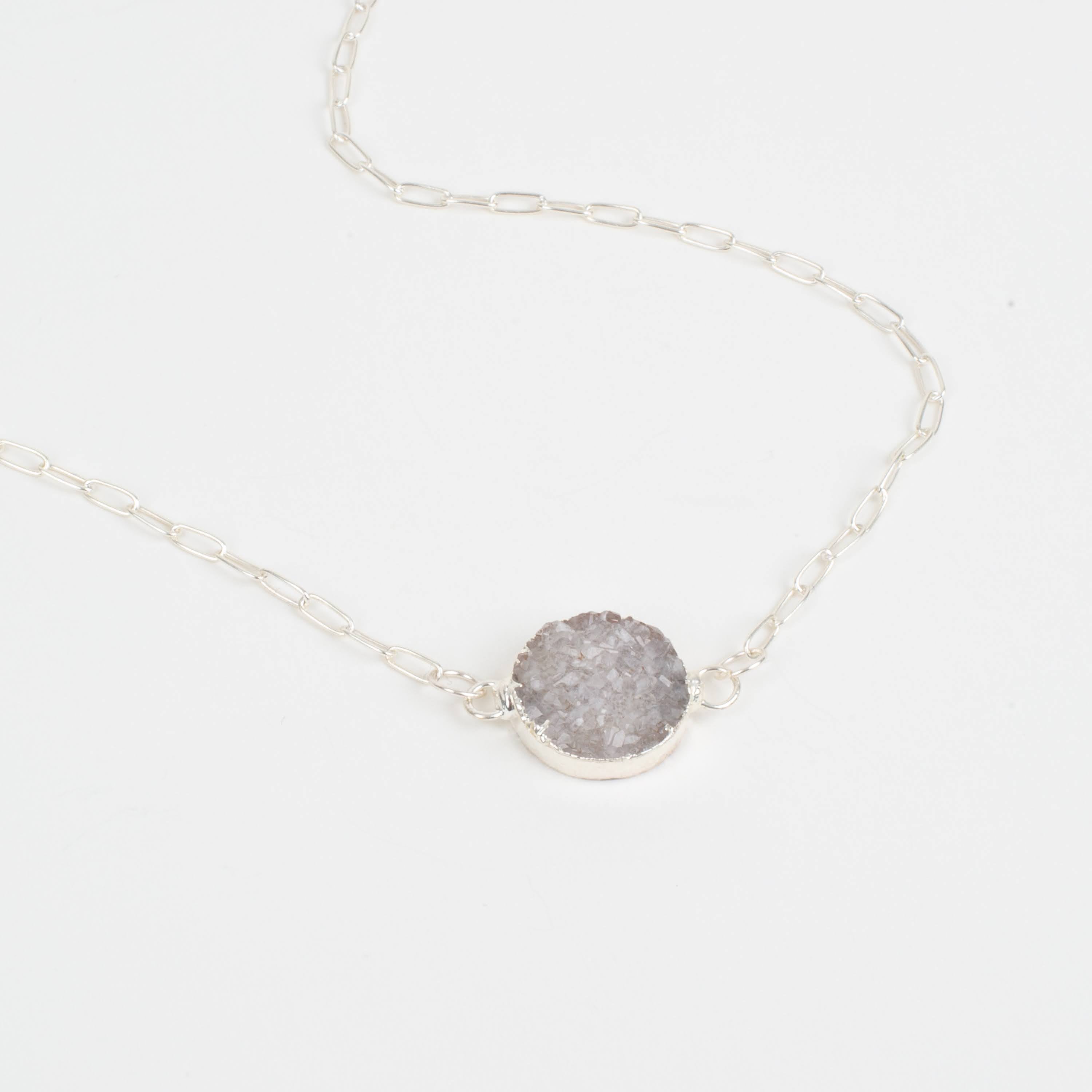 Sterling Silver Paperclip and Silver Druzy Necklace