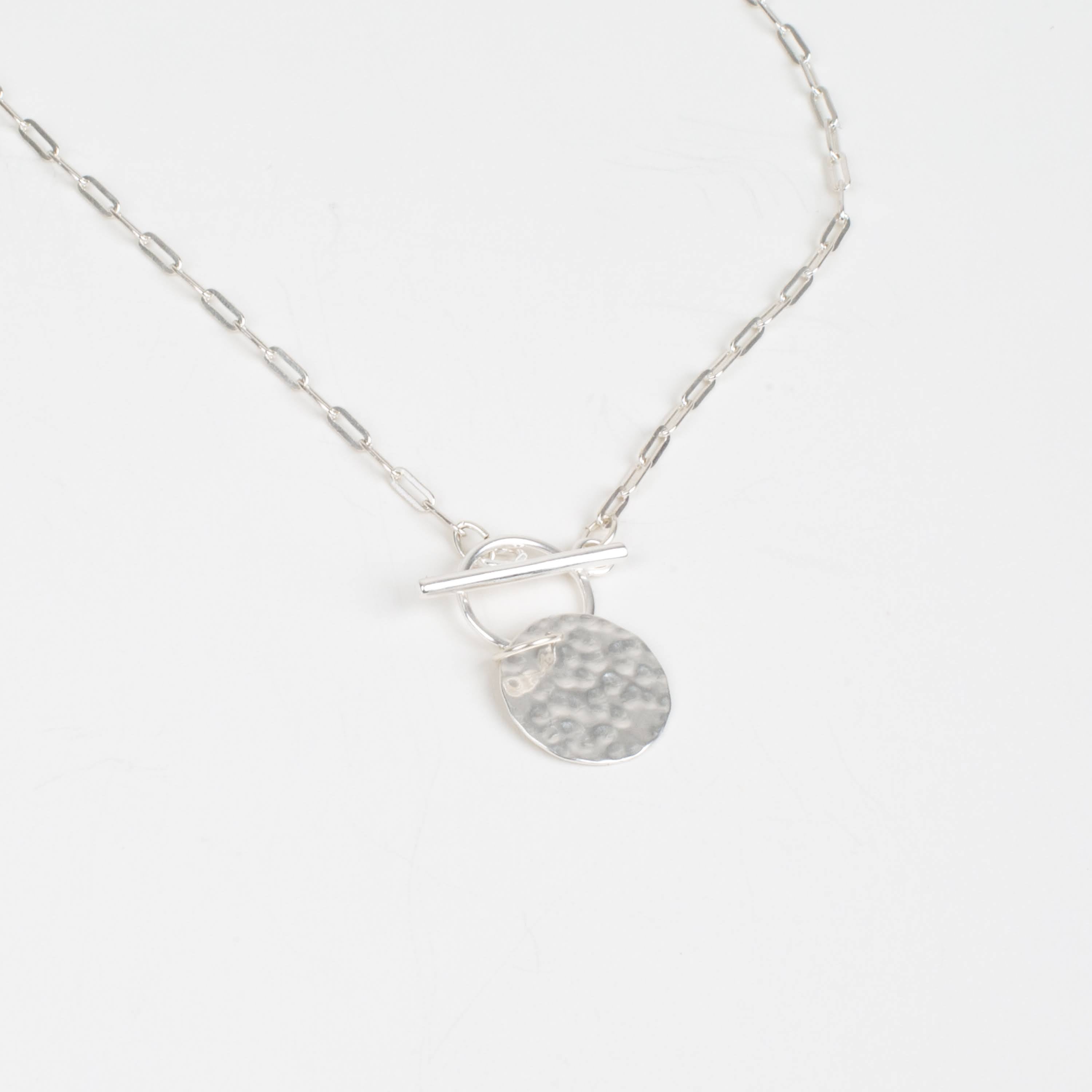 Sterling Silver Hammered Disc Toggle Pendant Necklace