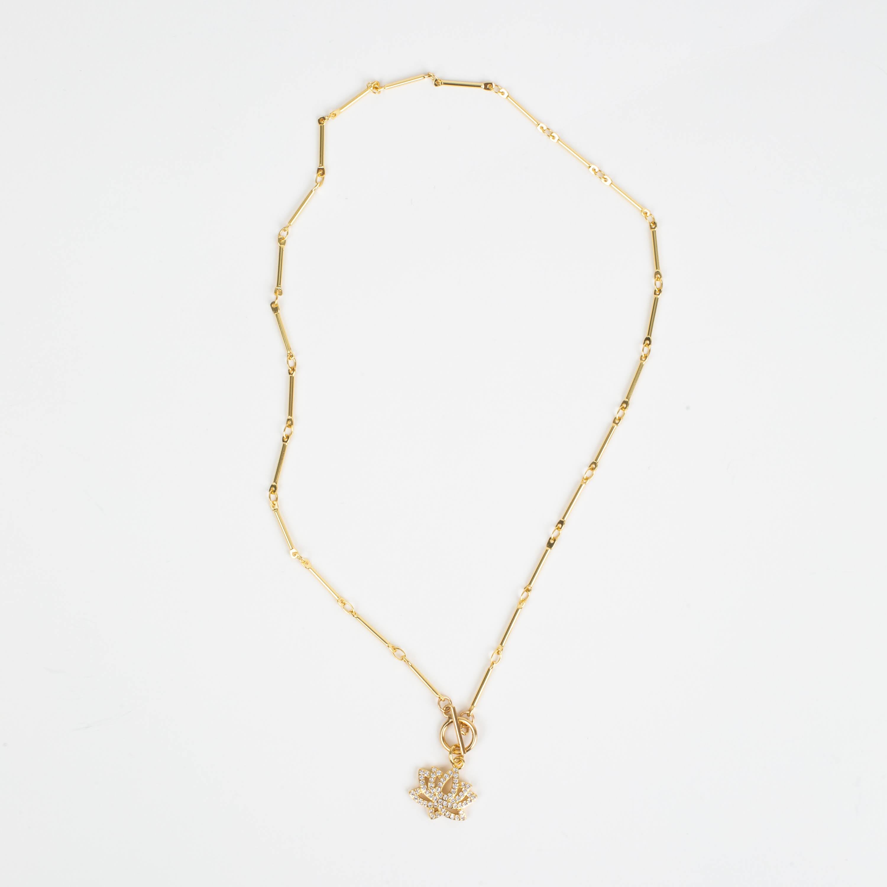 Pave Lotus Blossom Toggle Bar Necklace