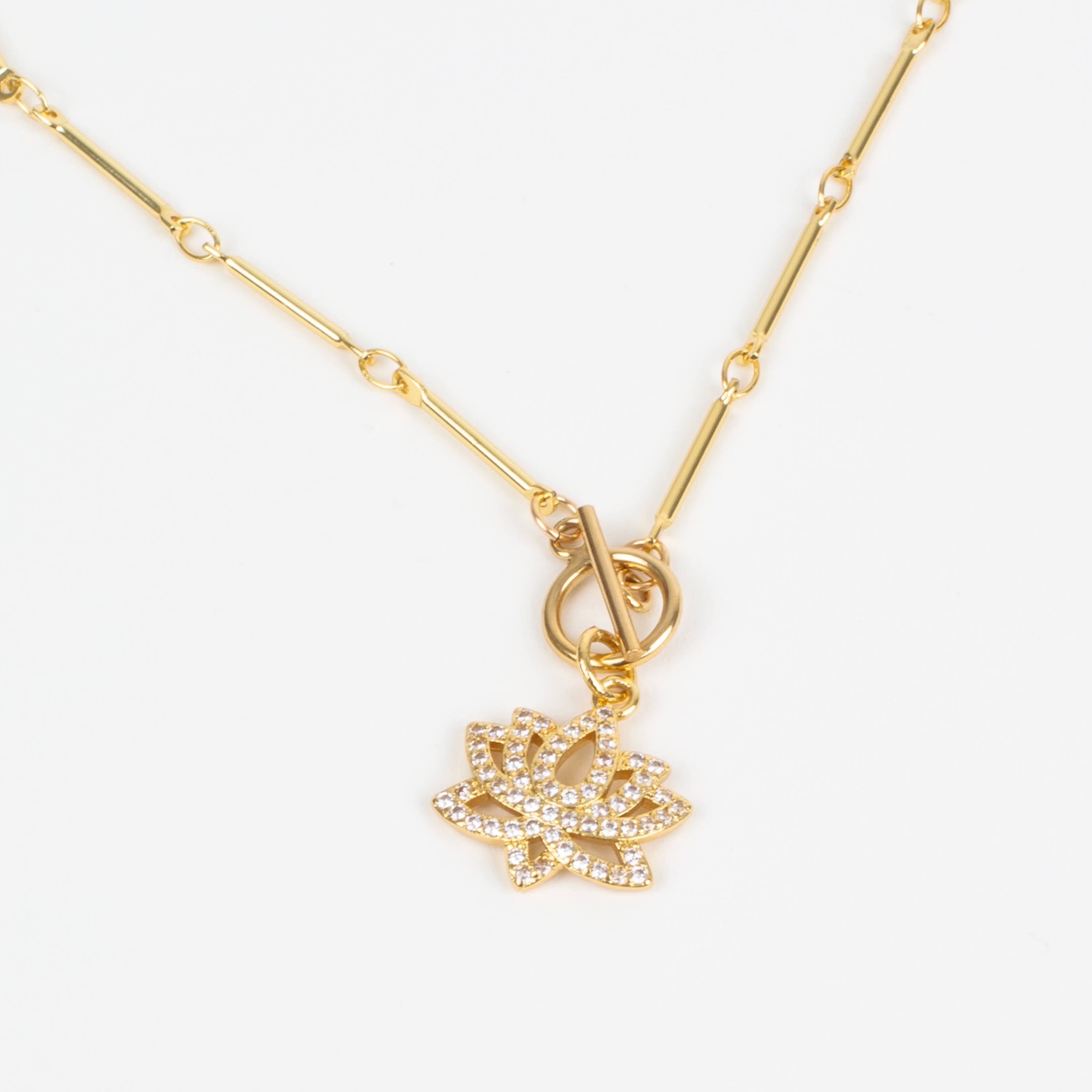 Pave Lotus Blossom Toggle Bar Necklace