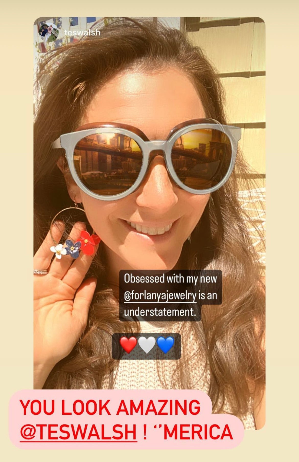 A person holding a flower-shaped earring with text expressing love for jewelry and a compliment