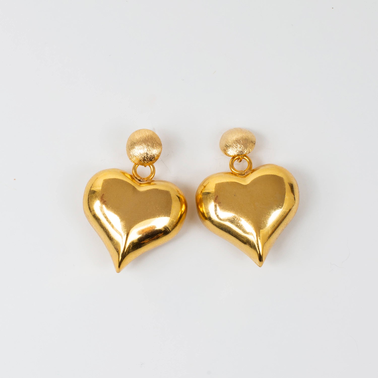 Puffy Double Drop Gold Heart Earrings