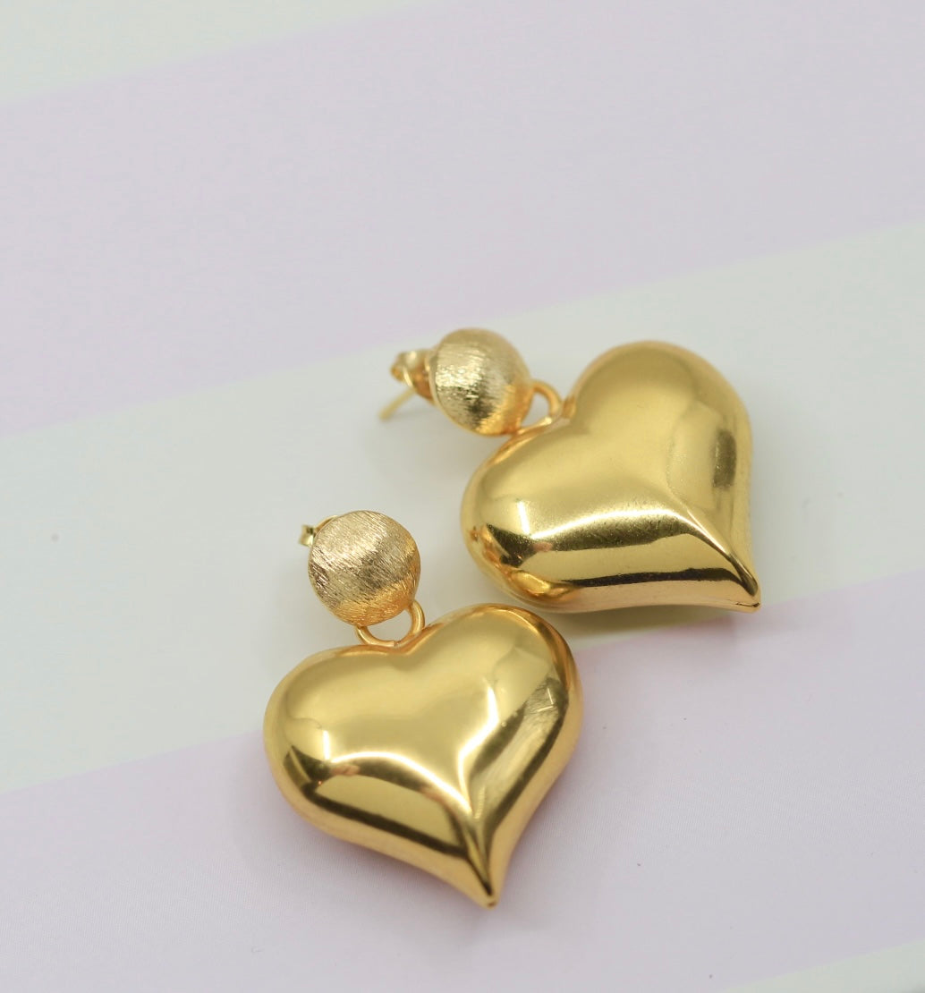 Puffy Double Drop Gold Heart Earrings