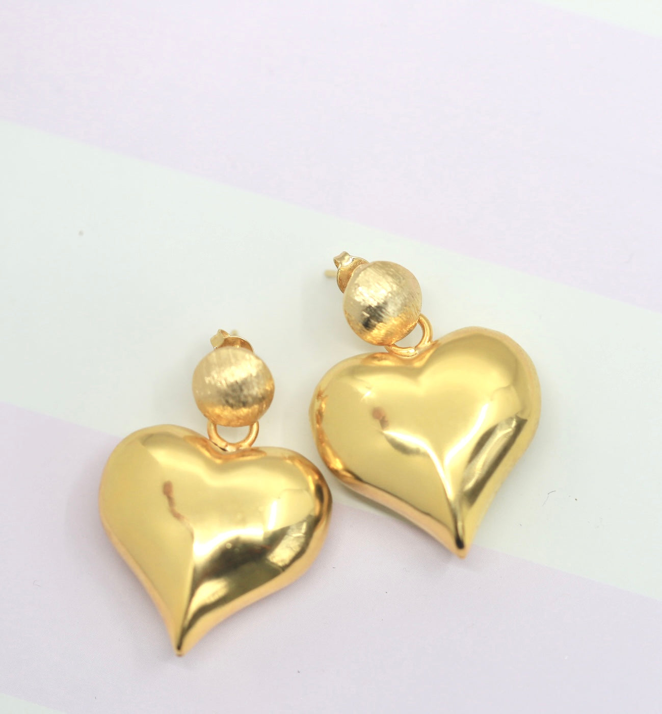 Puffy Double Drop Gold Heart Earrings